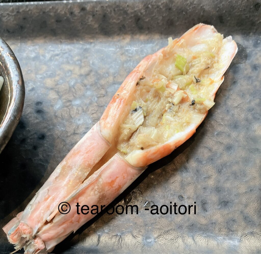 ・有頭海老の自家製上海蟹醤蒸し