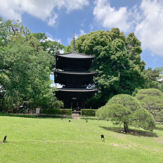 青い空の下、緑の芝生が広がる庭園の中にそびえ立つ、歴史を感じさせる黒い木造の三重塔。塔は三層構造で、屋根は瓦葺き、頂には相輪が載っている。周囲は豊かな緑の木々に囲まれ、手前には手入れの行き届いた芝生と植栽が見える。穏やかな陽射しが全体を照らし、静かで落ち着いた日本の風景が広がっている。