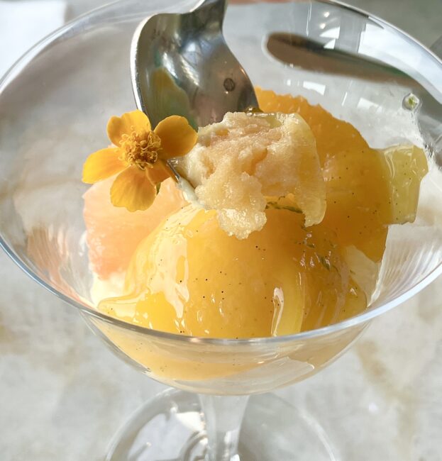 スプーンですくい上げられたマンダリンシャーベットとシトラスクリームのアップ。バニラビーンズの粒が見える濃厚なクリームと、氷の結晶を感じるみずみずしいシャーベットの質感の対比。鮮やかな黄色のエディブルフラワーが添えられている。